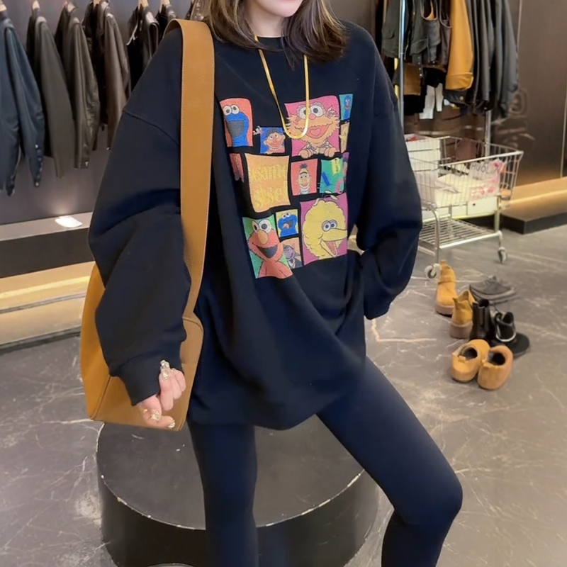 秋季新款韩版卡通印花圆领休闲卫衣大码女装宽松舒适洋气慵懒上衣