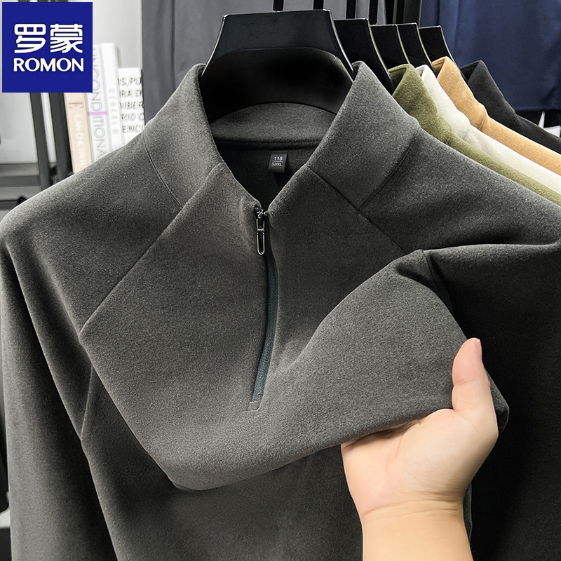 罗蒙秋冬新款男士德绒纯色半拉链立领套头卫衣休闲时尚打底衫T恤