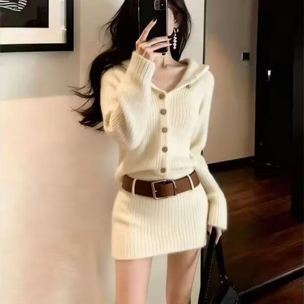 新款潮牌配腰带慵懒针织包臀连衣裙女2025秋冬新款小个子气质收腰