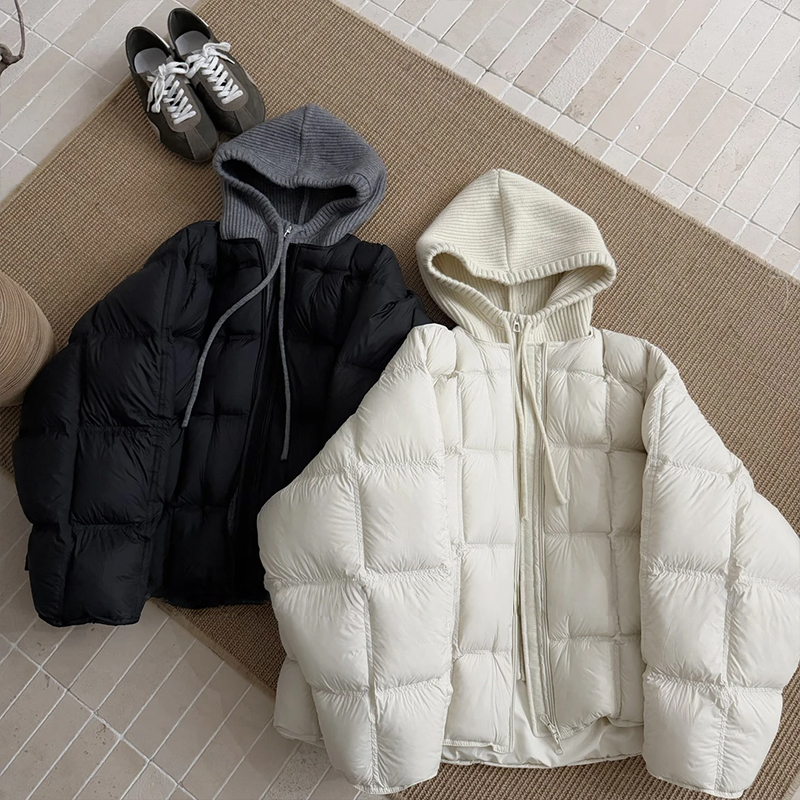 【暖阳漫行】2025冬季新款针织连帽拼接棉服女洋气韩系简约保暖外套