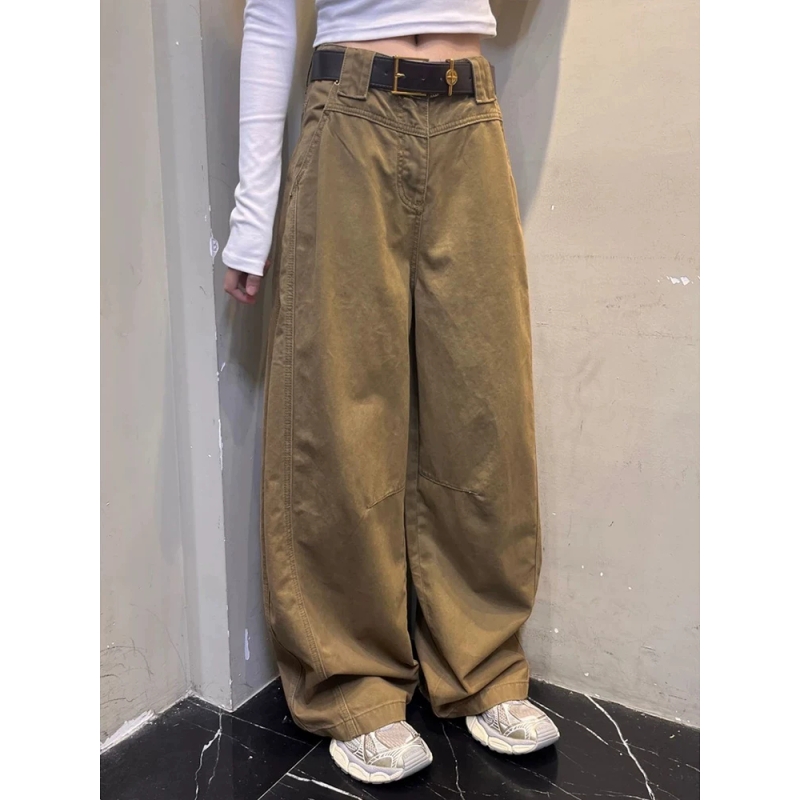 军绿色弯刀工装裤女款秋季解构美式复古裤子直筒微喇宽松阔腿长裤