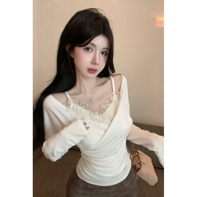 秋冬新款交叉V领重工刺绣花朵吊带叠穿假两件上衣修身气质打底衫