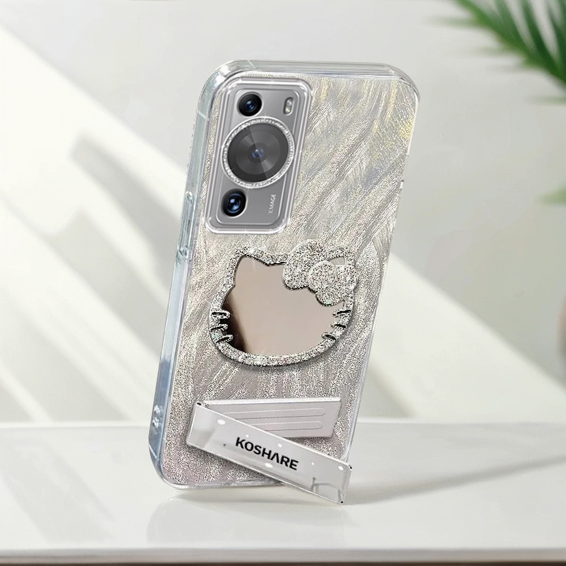 自带镜头膜华为P60Pro手机壳镶钻kt猫镜子MNA-AL00全包p60羽纱