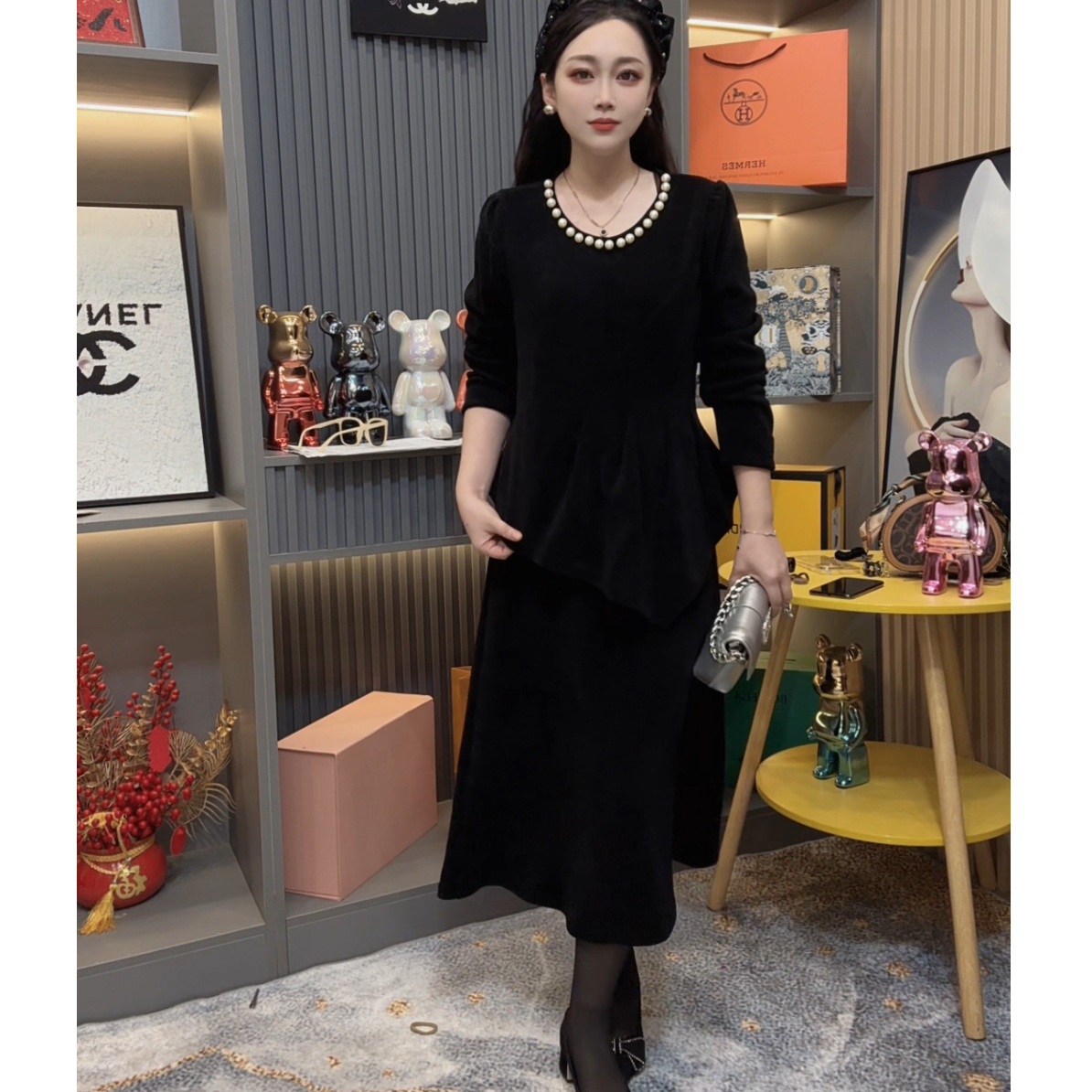 冬季雪尼尔两件套新款法式钉珠圆领收腰气质显瘦大码女装套裙