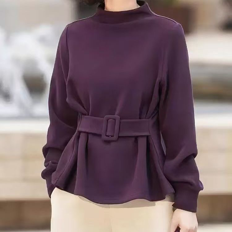 2025秋季穿搭新款收腰系带圆领长袖打底衫轻奢减龄显瘦紫色上衣女