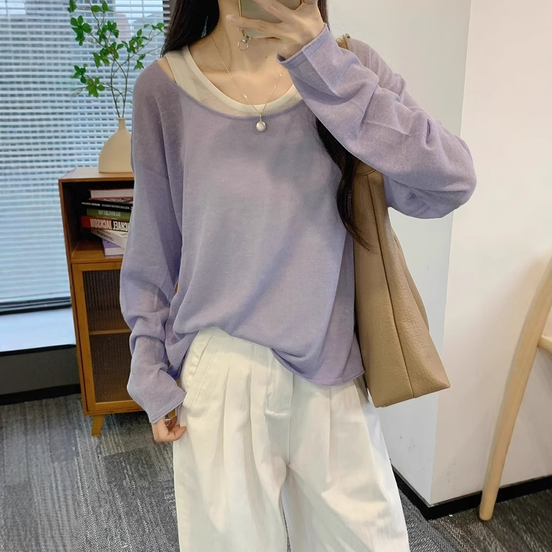 紫色防晒罩衫长袖针织衫女2025年早秋季慵懒风薄款宽松假两件上衣