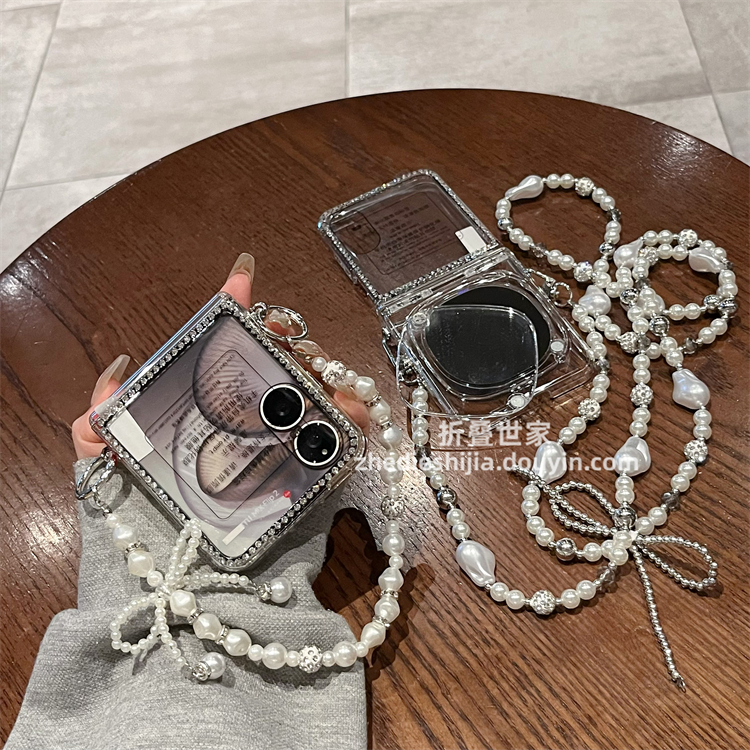 适用小米mixflip2手机壳折叠屏透明镶钻斜挎手提挂绳全包壳膜一体