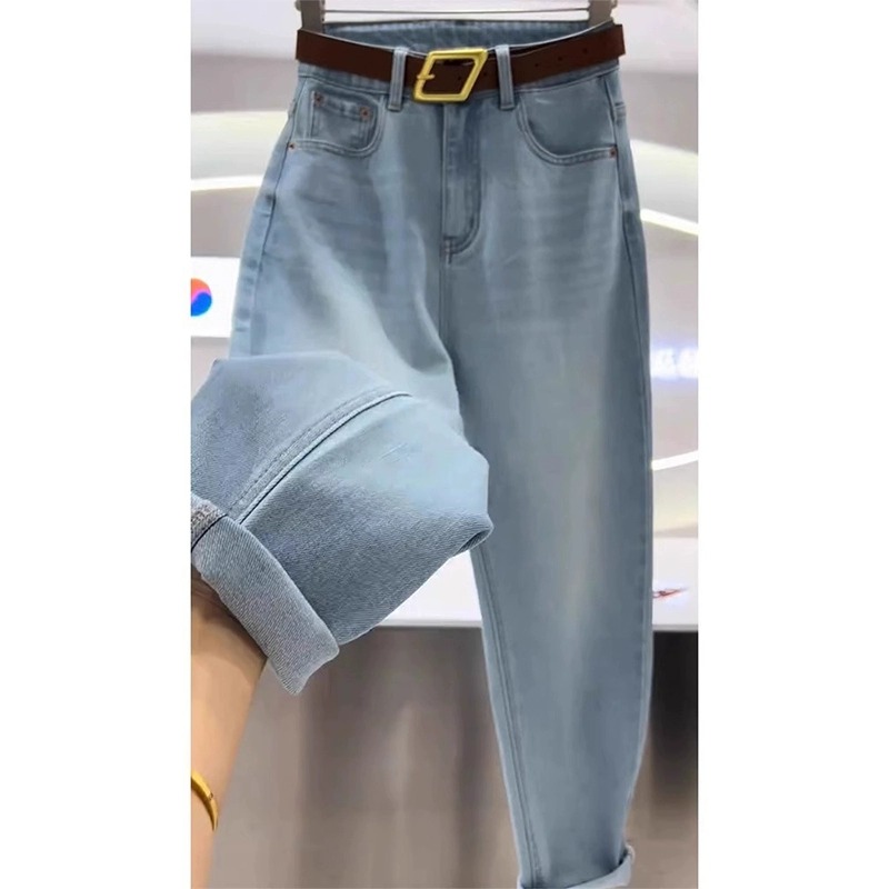 2025秋冬新款浅蓝色哈伦牛仔裤女大码胖mm高腰显瘦弹力萝卜老爹裤