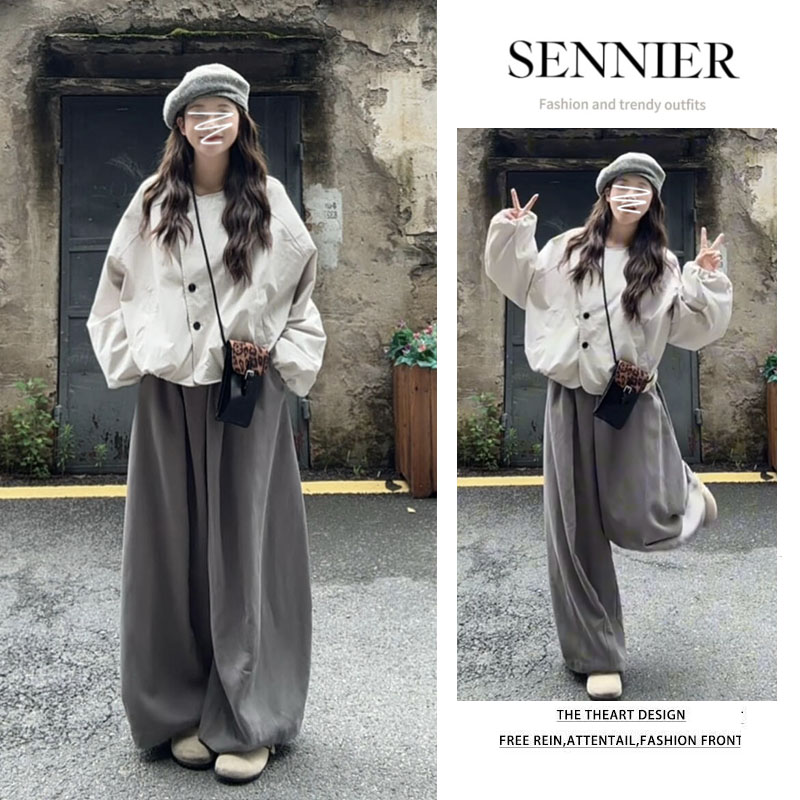 今年流行穿搭女2025秋季新款韩版时尚宽松短款外套阔腿裤两件套装