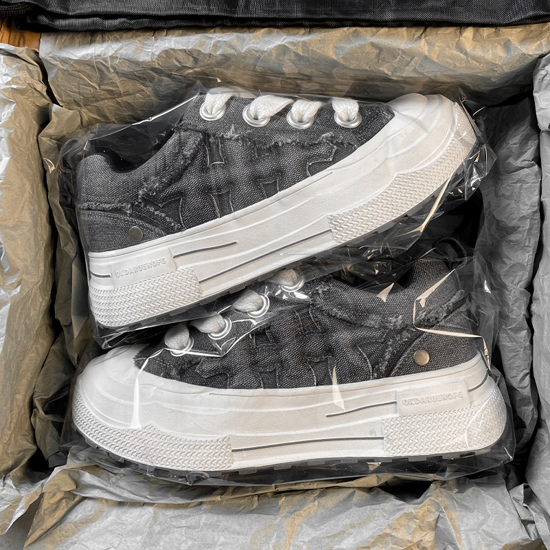 百搭复古休闲板鞋子潮牌款牛仔蓝梅花帆布鞋夏季厚底增高情侣同款