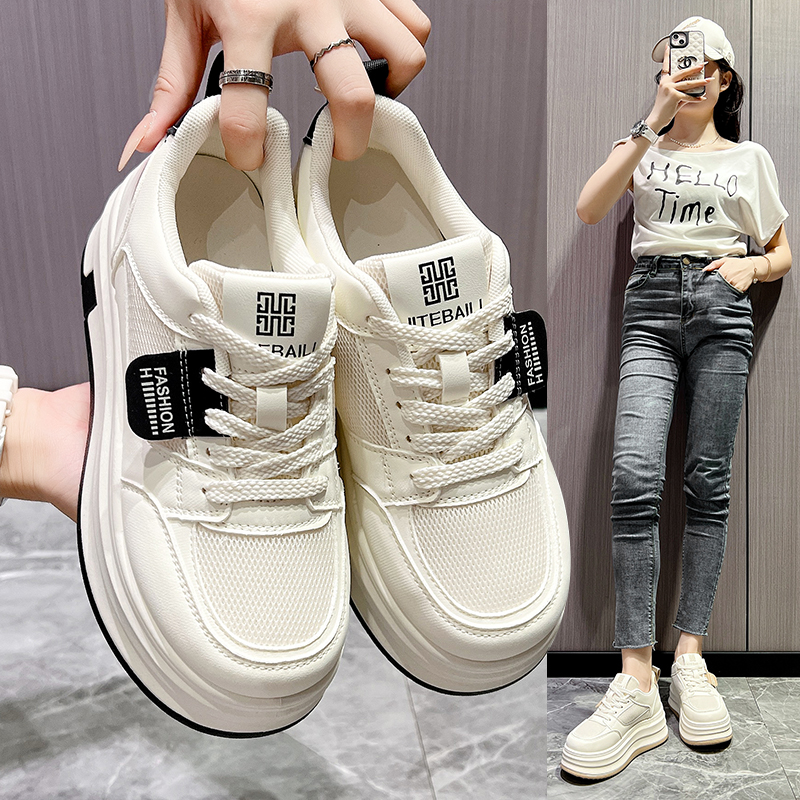 秋季新款休闲厚底小白鞋女松糕板鞋小个子小码双网面鞋-A02-2双网