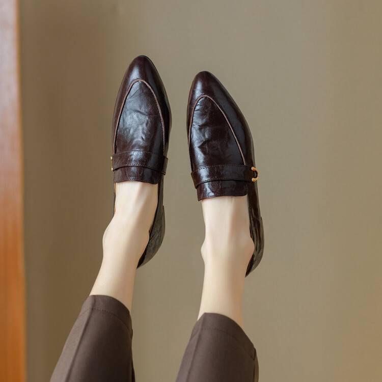 法式春秋新款英伦风气质尖头乐福鞋女平底深口复古单鞋女