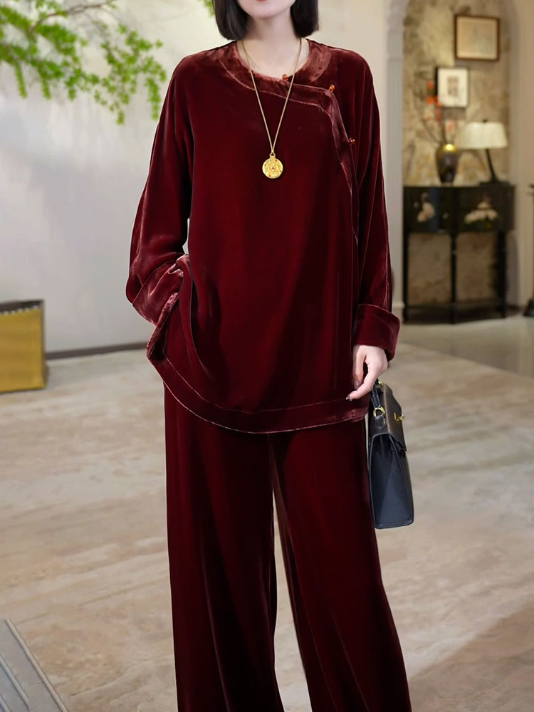 新中式国风套装2025秋季新款高级洋气轻奢纯色丝绒上衣+直筒裤子