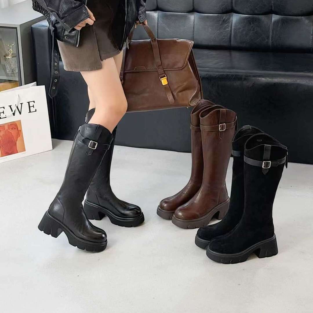 欧陌V6长筒靴不过膝厚底增高时装靴不掉筒骑士靴女秋冬时尚
