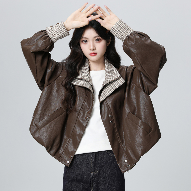 港风复古皮衣外套女春秋2025秋新款格子拼接翻领机车夹克短款上衣