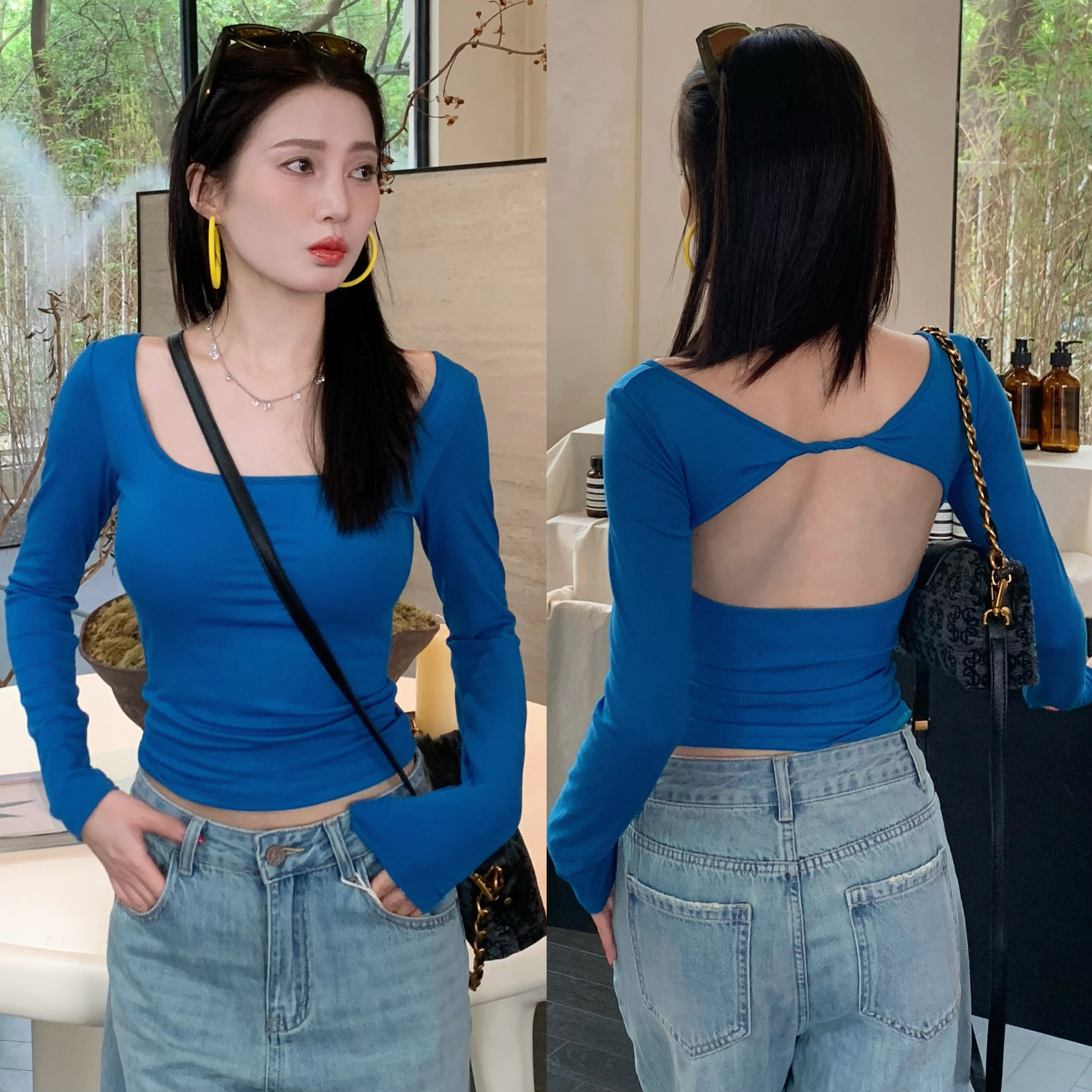 辣妹高级感带胸垫露背镂空长袖T恤女早秋修身显瘦短款打底衫上衣