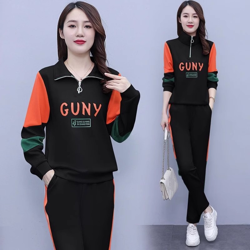 运动套装女春秋2025新款洋气印花减龄宽松妈妈休闲立领卫衣两件套