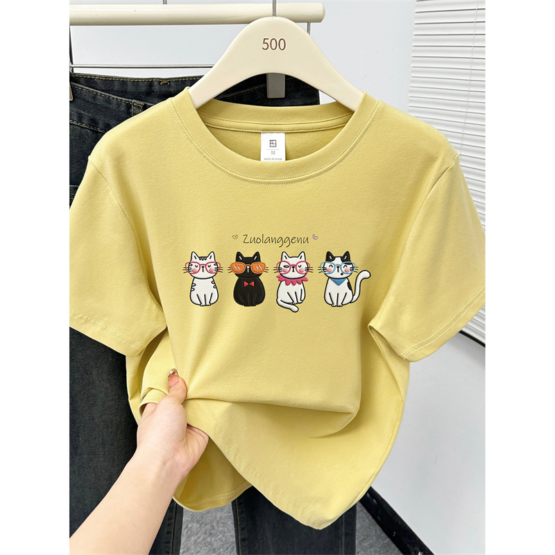 韩版洋气小猫印花胖MM正肩短袖T恤女夏季大码遮肚子显瘦半袖上衣