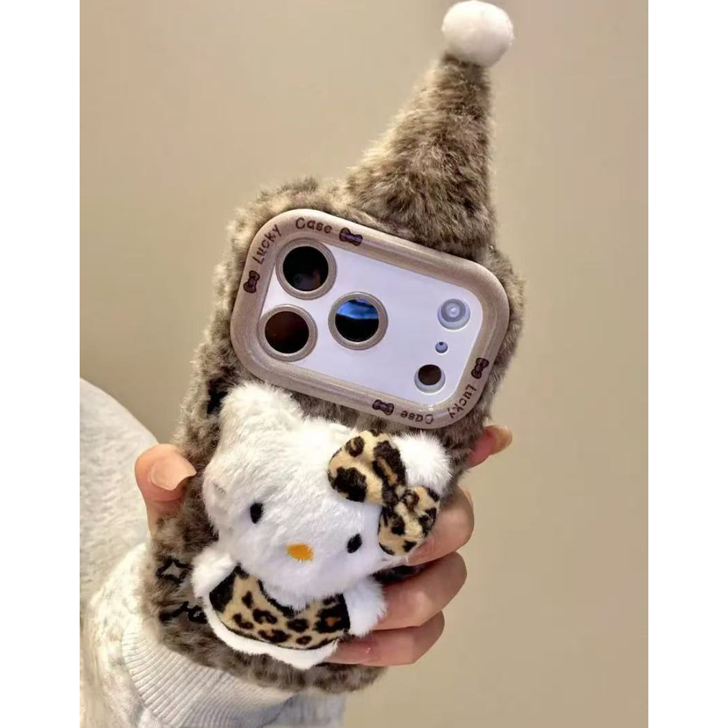 秋冬豹纹毛帽子KT适用iphone17promax苹果16毛绒手机壳15毛茸茸14