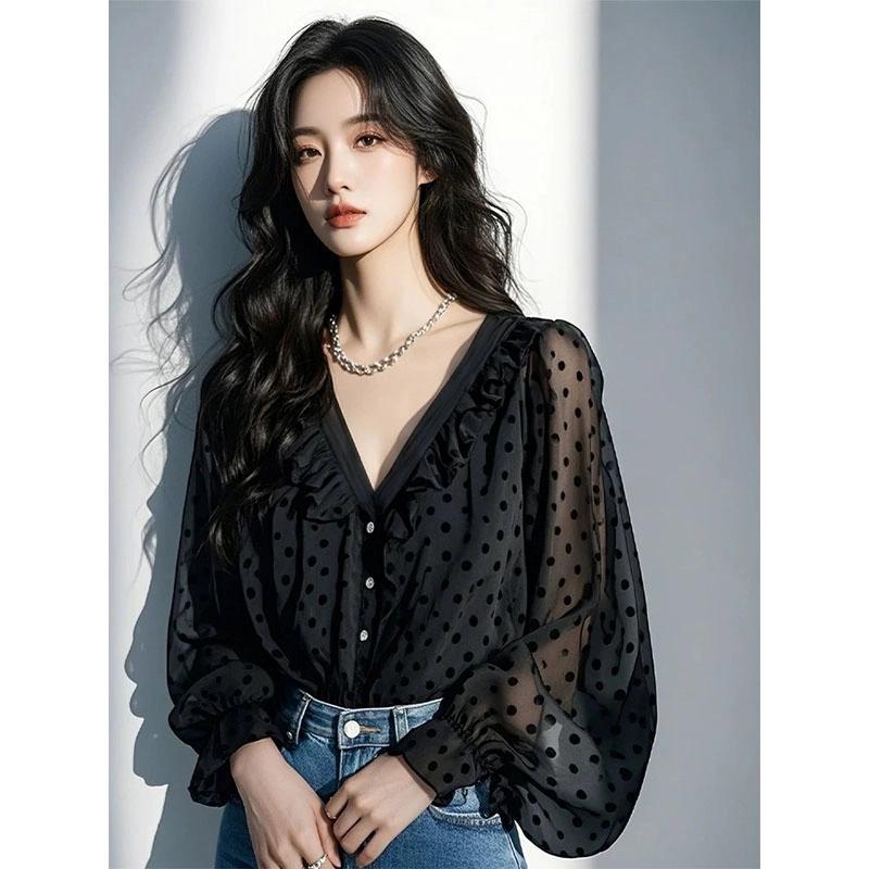 9737高级感独特上衣黑色波点荷叶边雪纺衬衫女2025春秋新款洋气