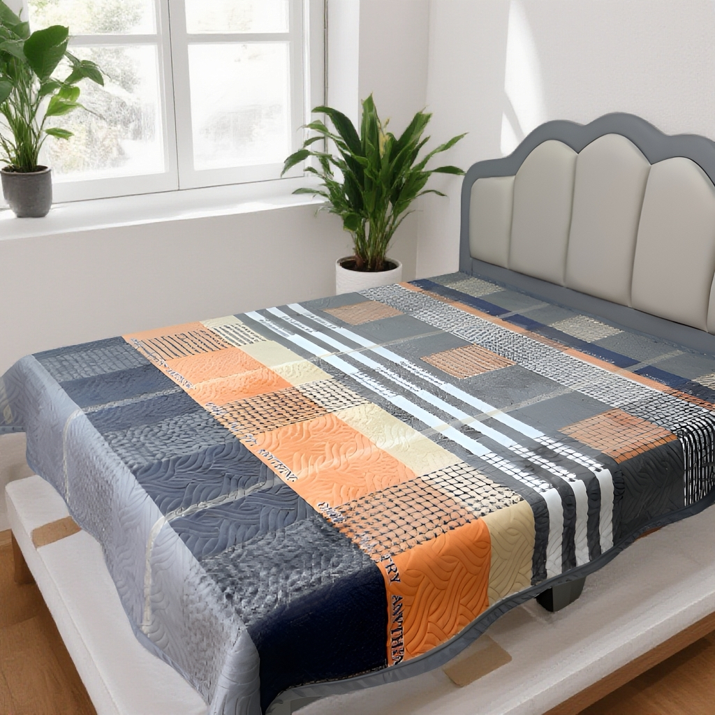 橘色千鸟格冬天宝宝绒床盖防滑不跑床榻榻米保暖床单炕盖加绒加厚