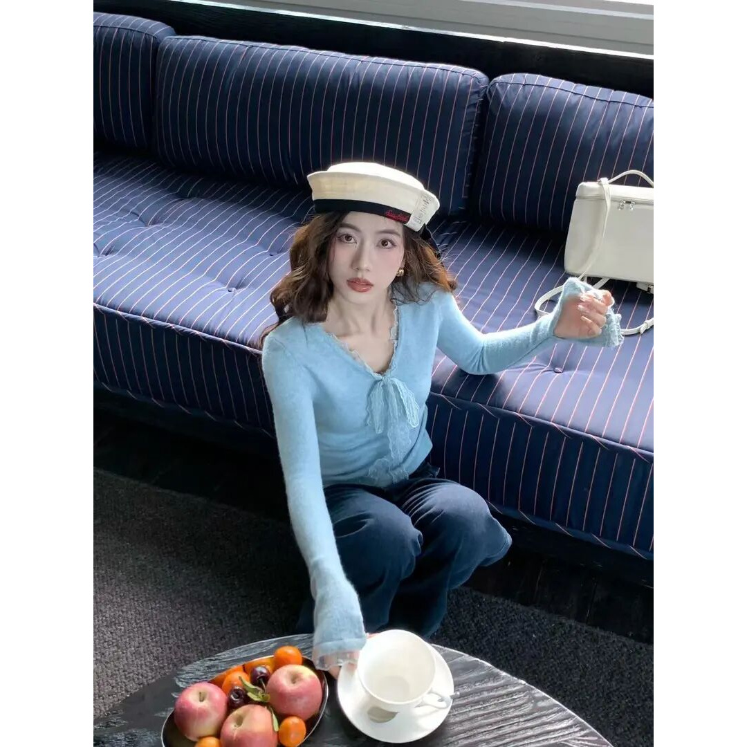 韩系气质千金2025早春新款V领蕾丝绑带设计感显瘦长袖针织上衣