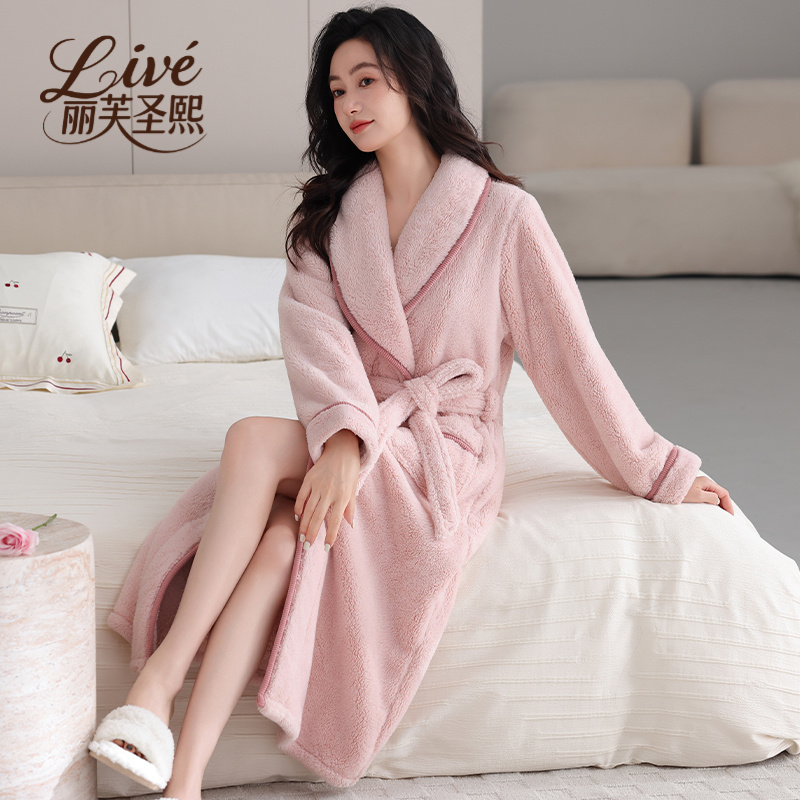 睡袍女秋冬款珊瑚绒冬季加绒保暖睡衣加厚法兰绒浴袍可外穿家居服