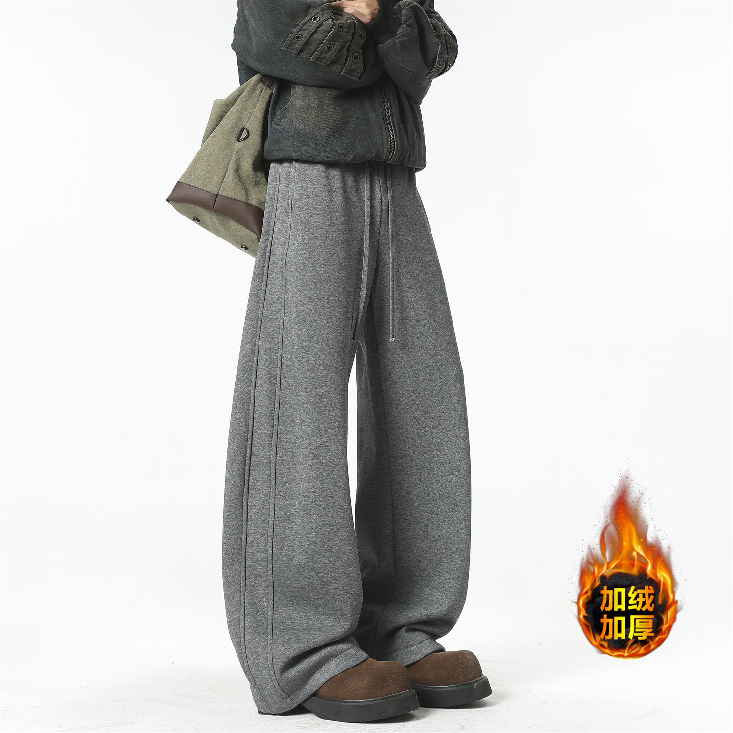 美式灰色卫裤男秋冬高街垂感宽松显瘦弯刀运动裤潮牌加绒休闲长裤