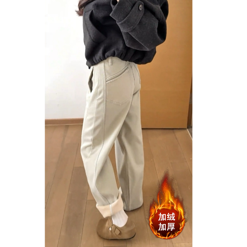 Aimeerosa/艾洛莎冬季加绒拼接弯刀牛仔裤女垂感微胖显瘦阔腿裤子