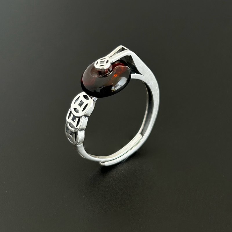 925银戒指 国潮风复古做旧铜钱戒指血小珀时来转转平安扣2025新款