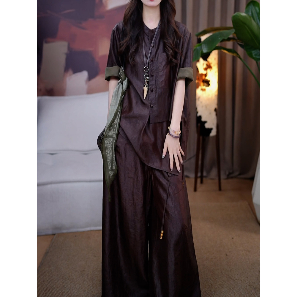 复古文艺风休闲裤套装女2025夏季新款宽松遮肚子百搭衬衫+阔腿裤