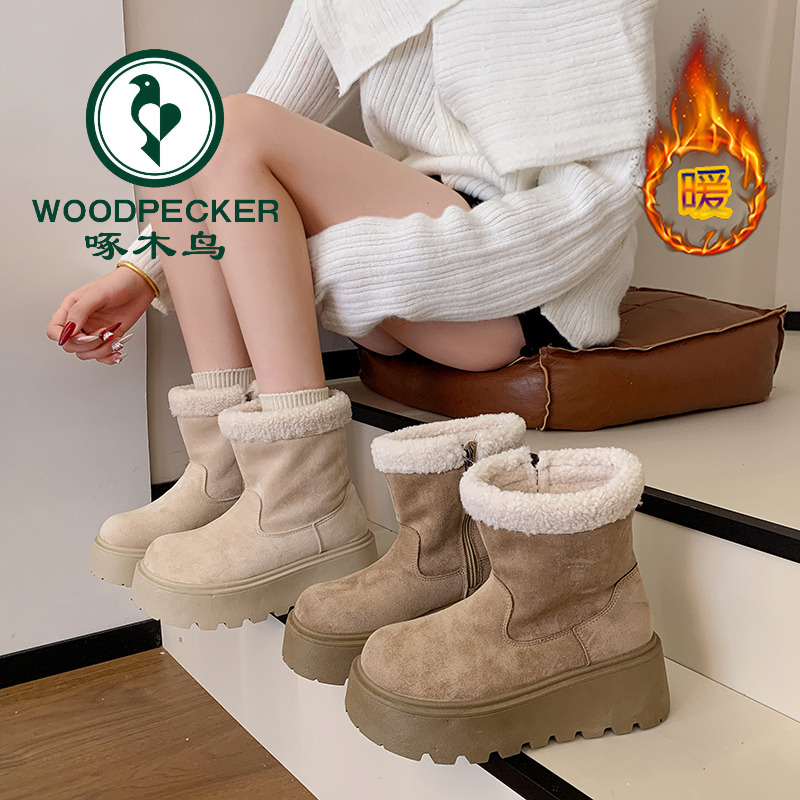 啄木鸟复古加绒加厚厚底雪地靴女2025新款冬外穿增高保暖勃肯棉鞋
