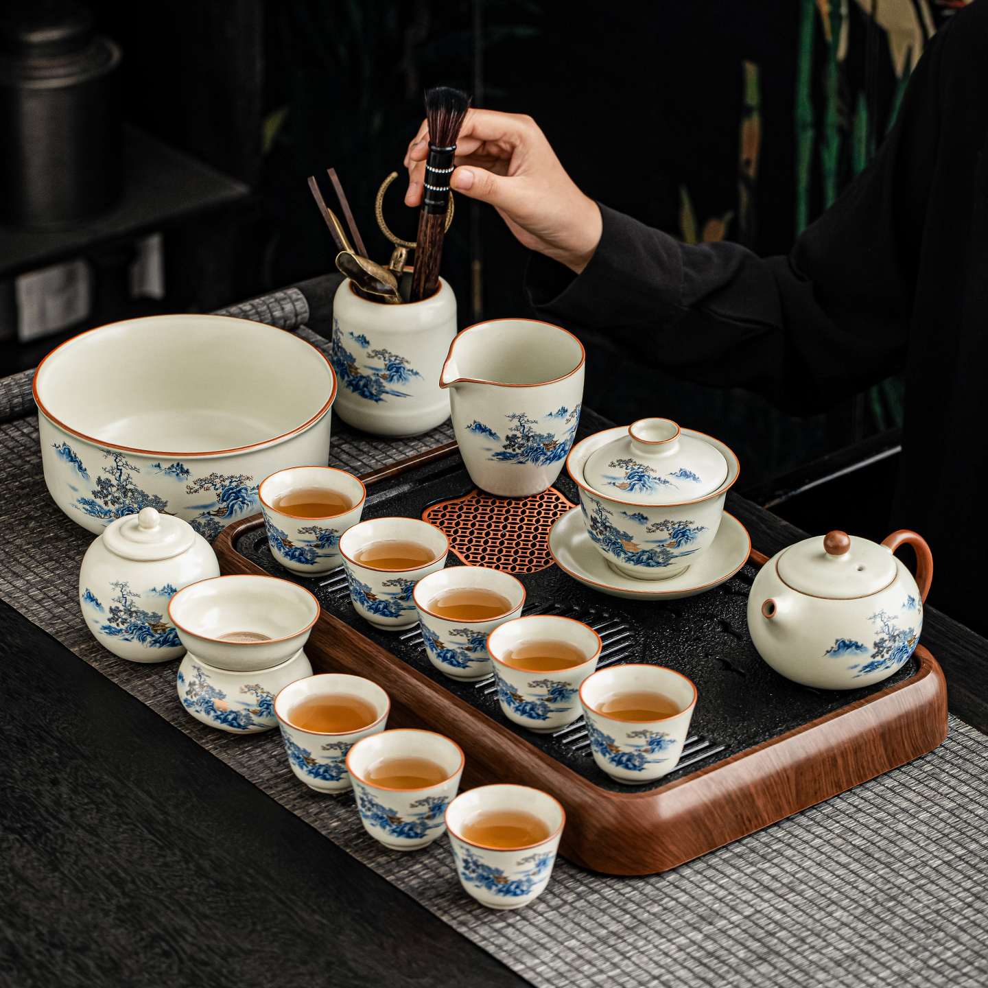 中式山水风汝窑整套茶具套装开片可养茶器家用待客陶瓷茶具套装