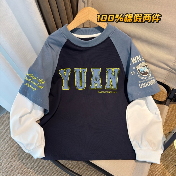 男大童纯棉假两件T恤秋季新款潮酷字母印花女童洋气打底衫宽松T