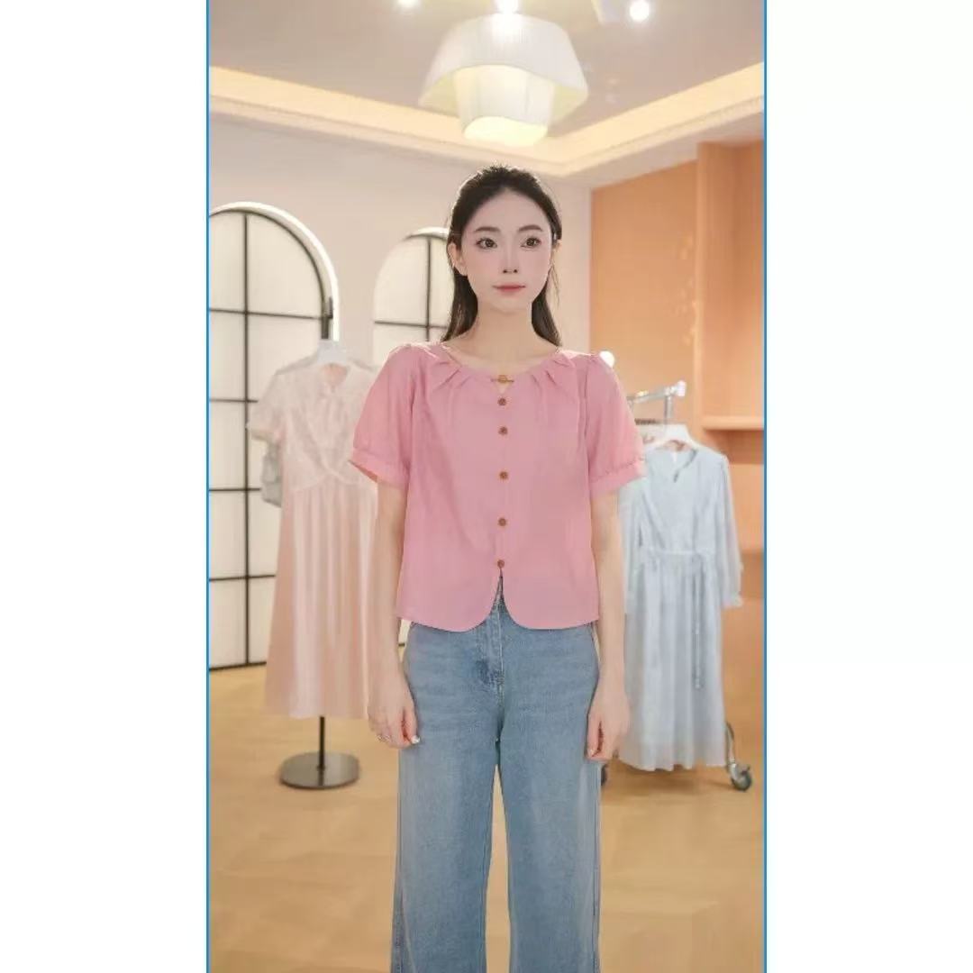 F2908时尚短袖衬衫夏季新款洋气减龄小个子圆领小衫百搭宽松上衣
