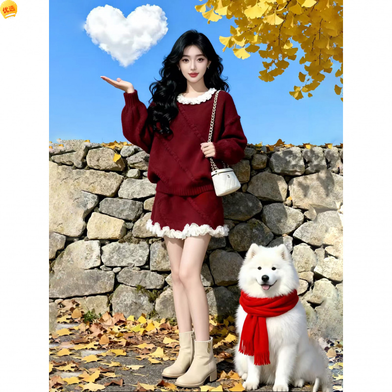 秋冬氛围感穿搭红色毛衣套装女圣诞新年针织花边领上衣短裙两件套