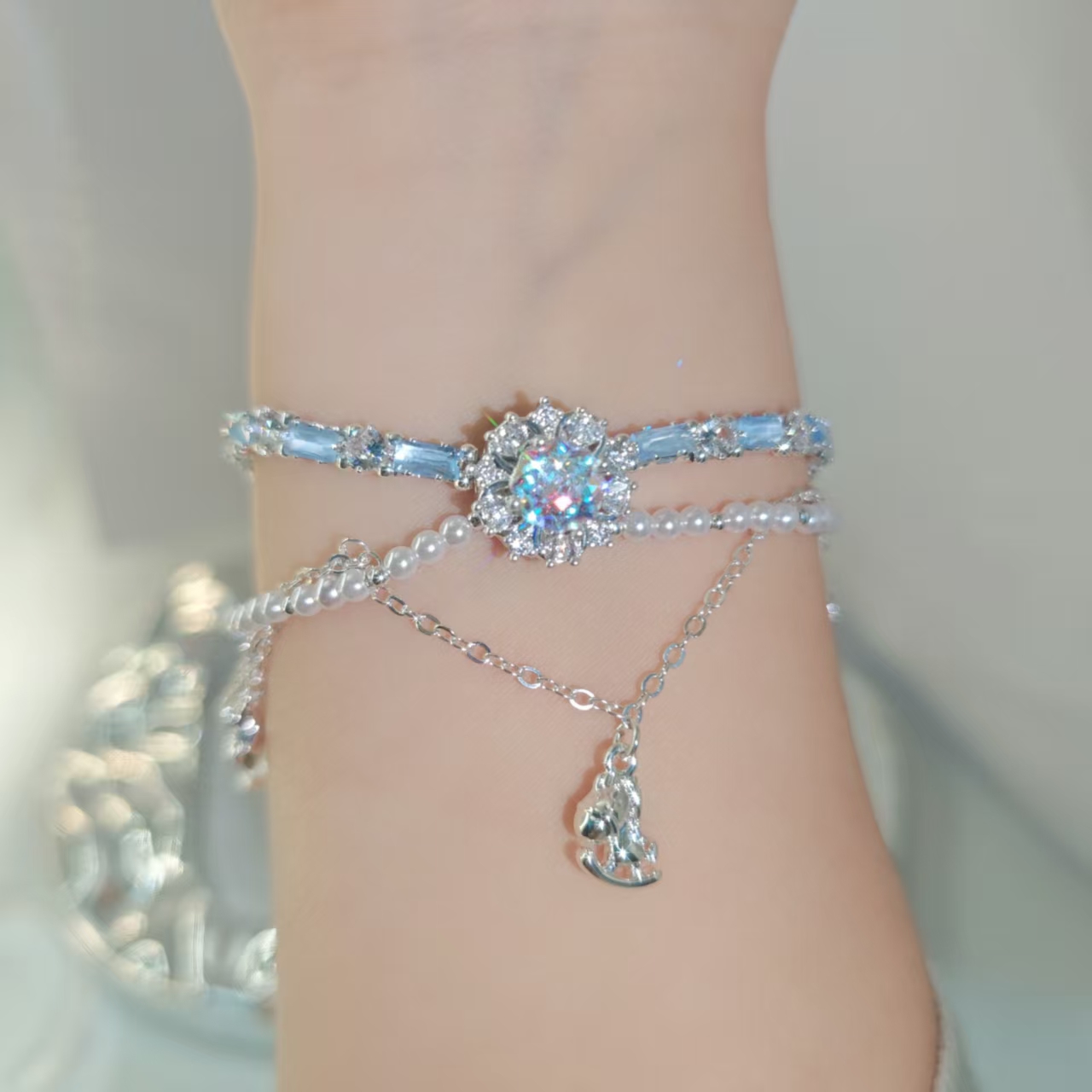 纯铜锆石手链 时尚轻奢日韩白色满钻原创diY手链百搭蓝色饰品小众