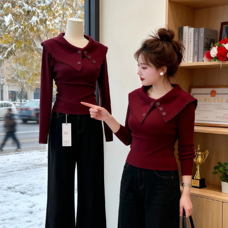 大码过年圣诞红色翻领假两件针织衫女毛衣秋冬内搭打底衫气质上衣