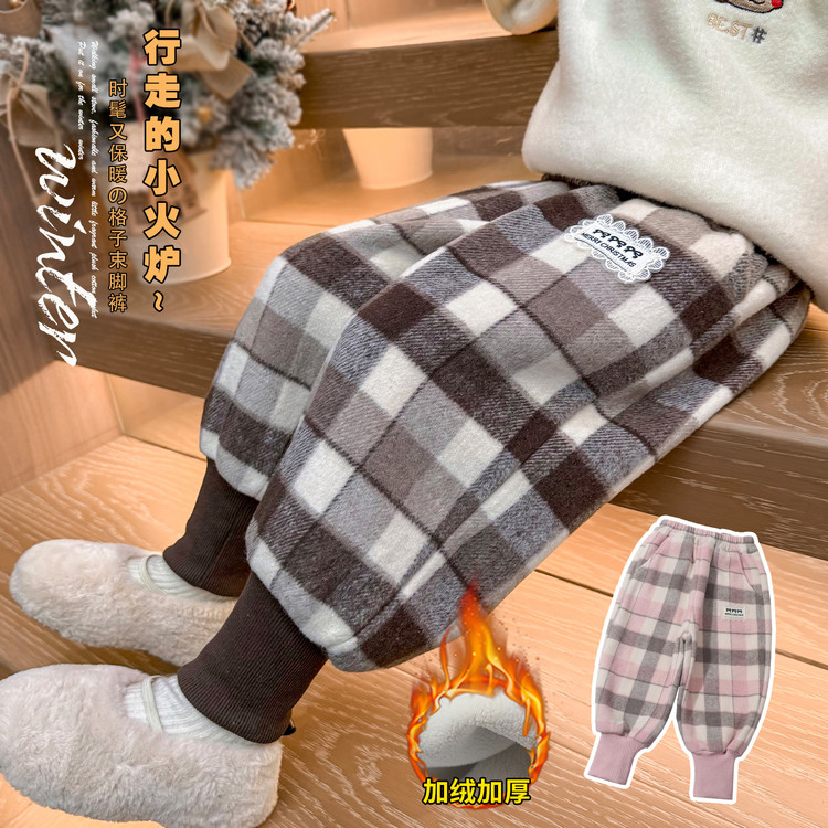 女童加绒加厚休闲裤2025新款外穿格子裤女宝宝小童保暖宽松长裤潮
