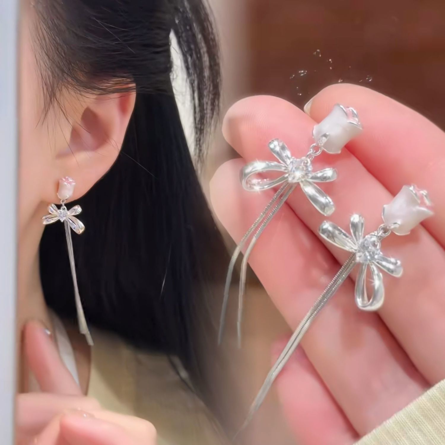 铜合金耳饰 B141超仙郁金香蝴蝶结流苏耳环小众气质时尚个性耳饰