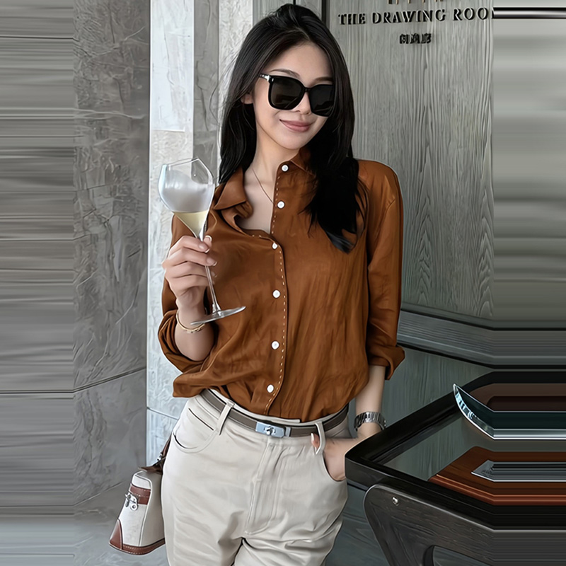 美式气质高级感宽松显瘦长袖衬衫女简约百搭时尚纯色翻领衬衣上衣