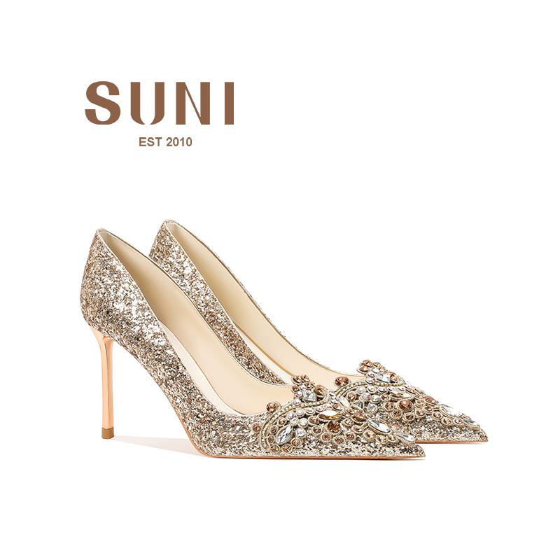苏小茵水钻婚鞋女RC秀禾鞋新款水晶金色中式新娘鞋细跟高跟鞋两穿