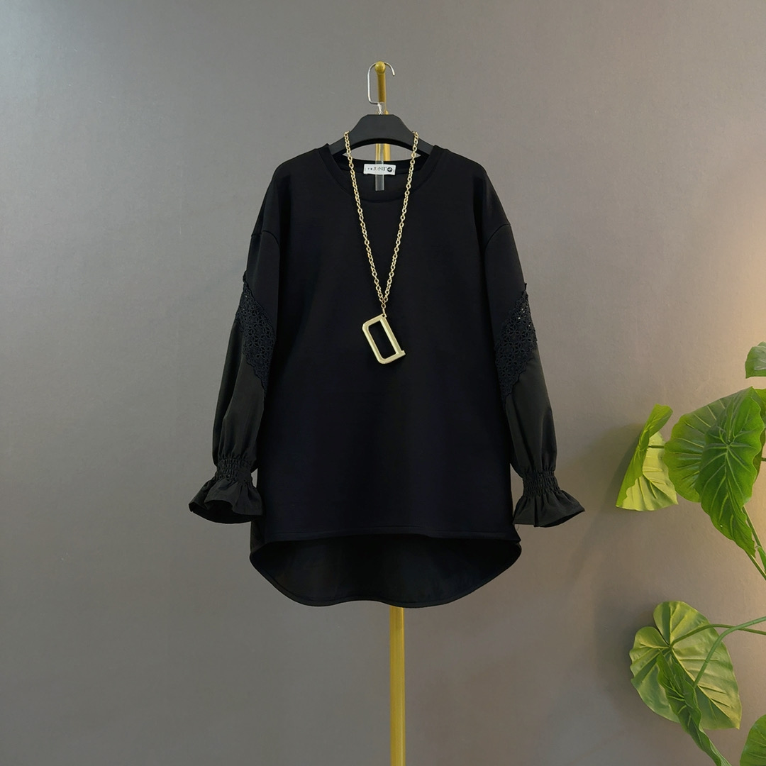 欧货时尚秋季镂空长袖蕾丝拼接显瘦遮肉前短后长大码女装上衣T恤