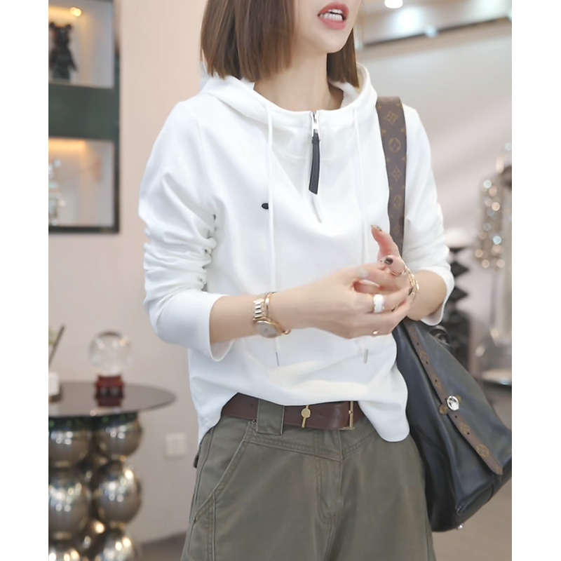 连帽抽绳半拉链长袖卫衣女2025早秋新款叠穿百搭显瘦帽衫正肩上衣