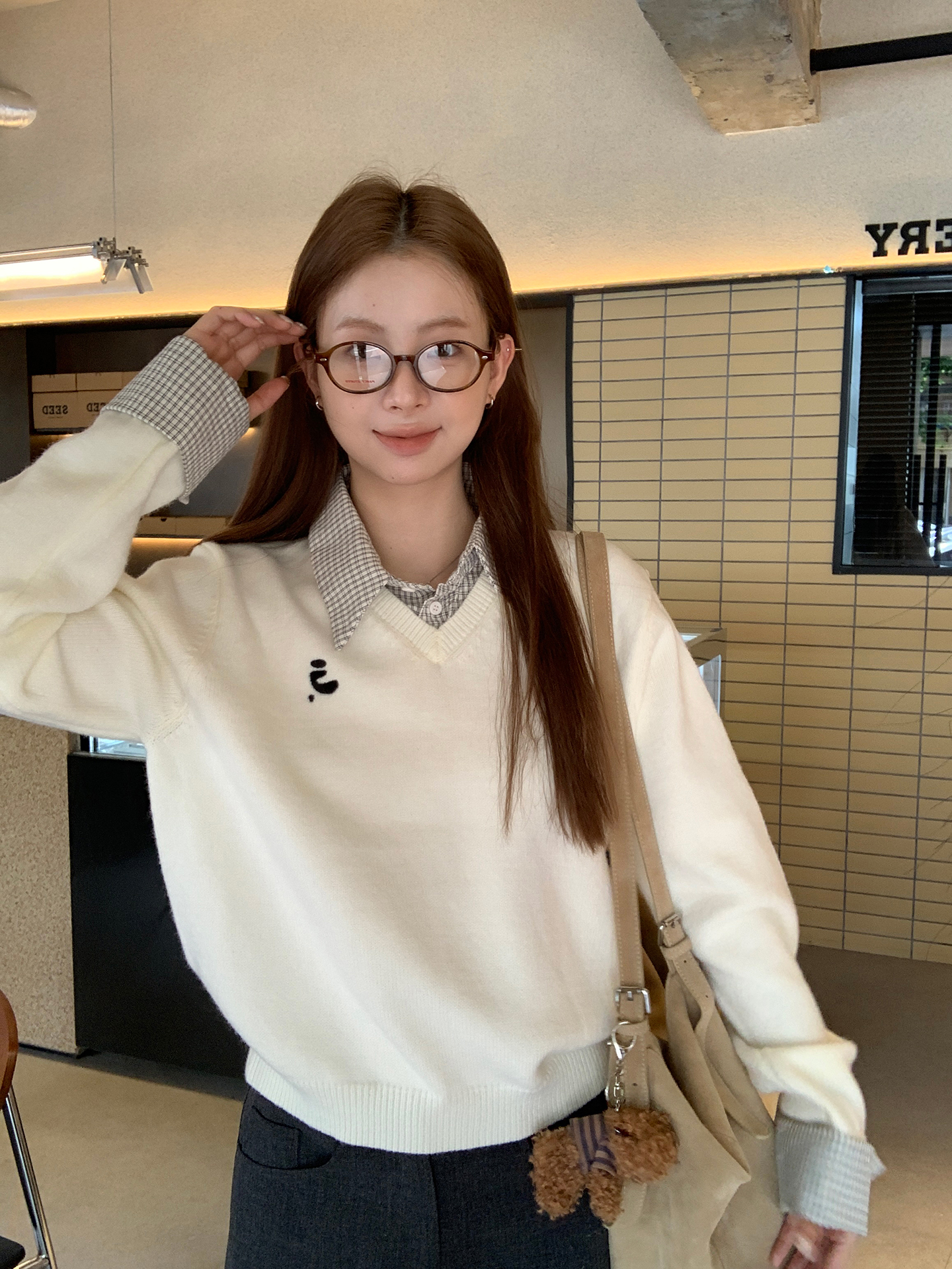 白色长袖内搭打底毛衣女秋冬短款百搭学院风套头假两件针织衫上衣