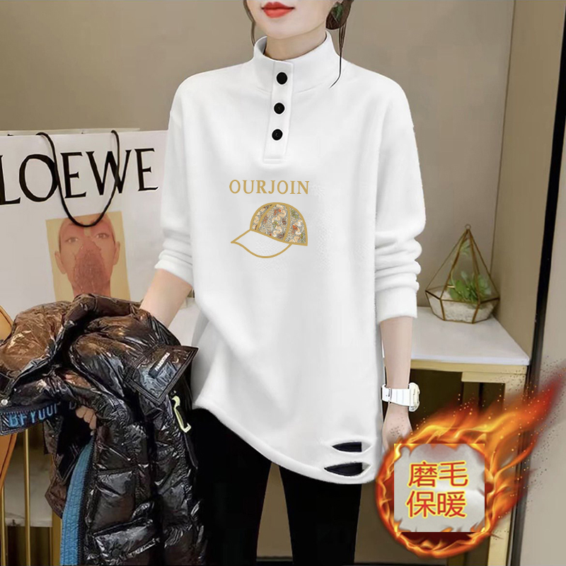 中长款遮屁股内搭破洞女T恤宽松白色半高领长袖加绒保暖女装秋冬