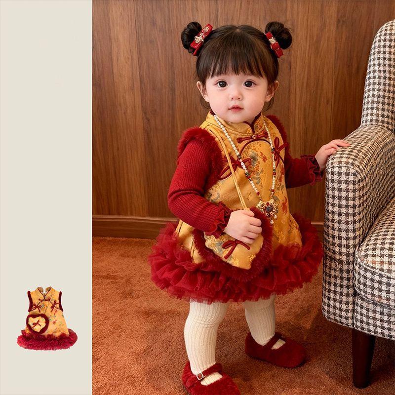 YeeHoO英氏【断码】婴幼儿女宝宝新中式盘扣设计旗袍裙秋冬新款保暖