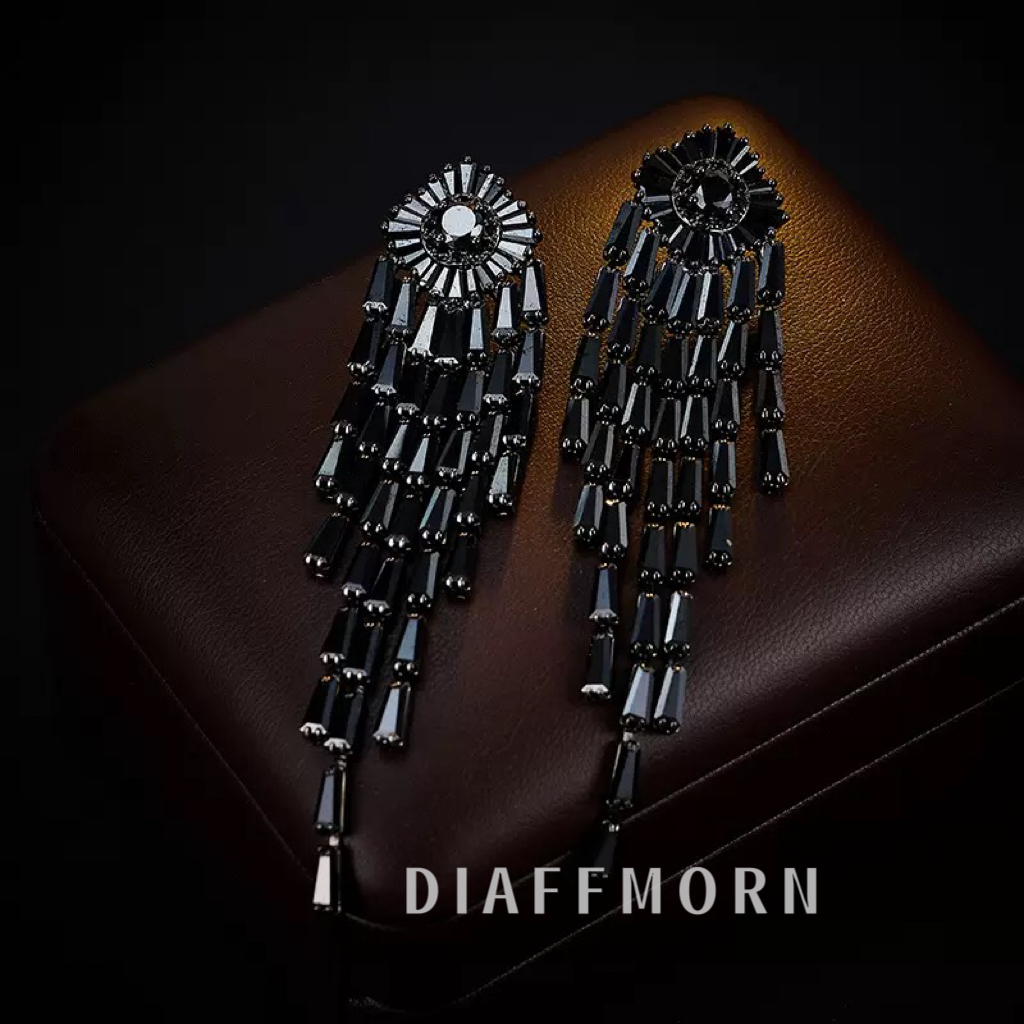 铜合金仿水晶耳饰 YM《黑天鹅》 重工高级复古黑色流苏耳环