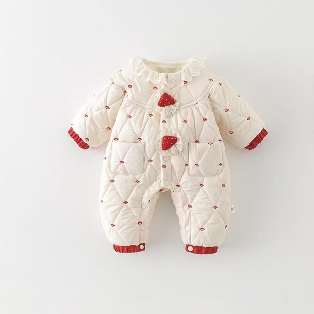 婴幼儿秋冬薄棉加绒女宝宝前开草莓花朵哈衣