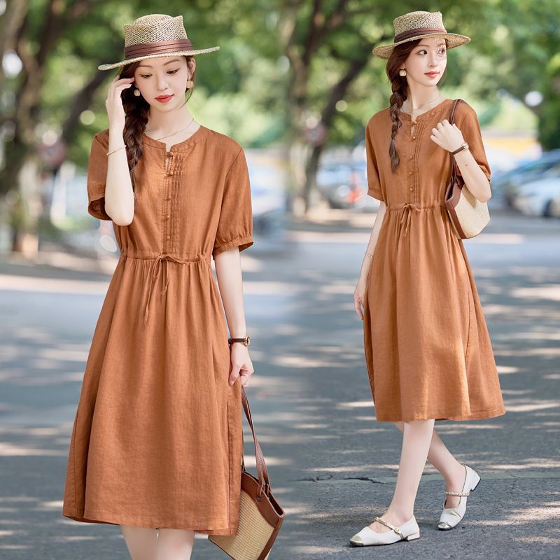 2025新款夏季高档棉麻连衣裙收腰系带大码宽松遮肚子女士连衣裙